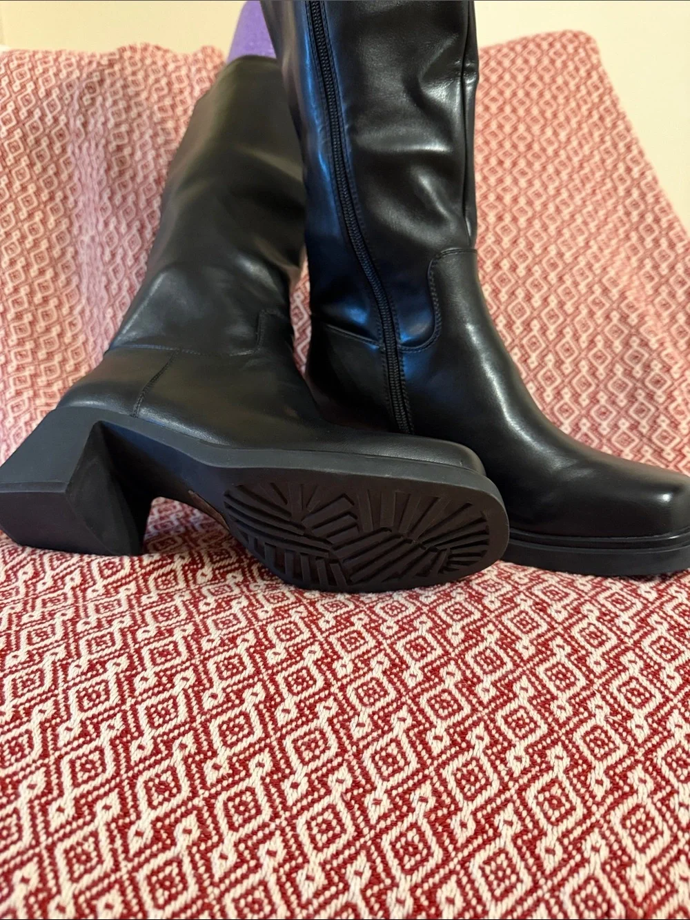 ISNOM Chunky Black Knee Platform Boots with Block Heel